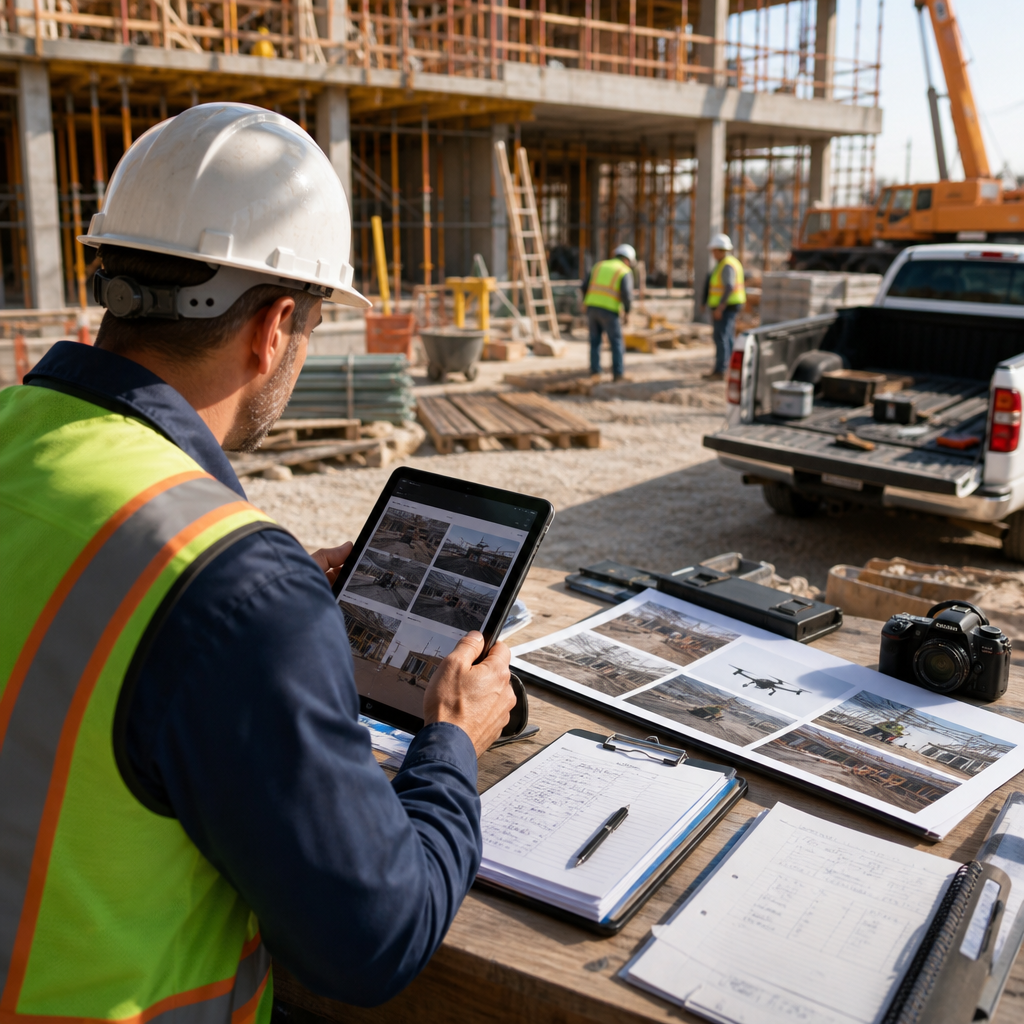 Field team documenting Construction Project Monitoring with Filio-style visual records